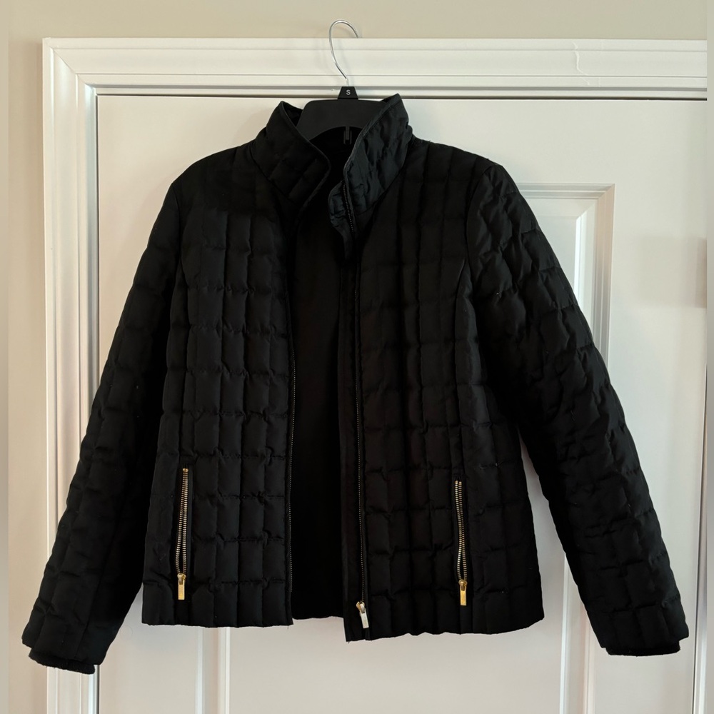 J. Crew black puffer jacket, size small, used, gold detailing on zipper